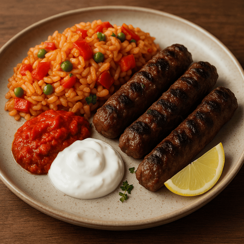 Hausgemachte Cevapcici mit Ajvar und Djuvec-Reis