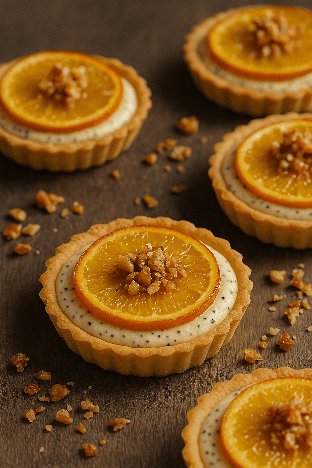 Orangen-Mohn-Törtchen mit Joghurtcreme und Krokant