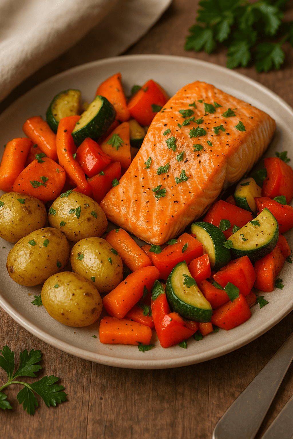 Ofenlachs mit Ofengemüse und Kartoffeln