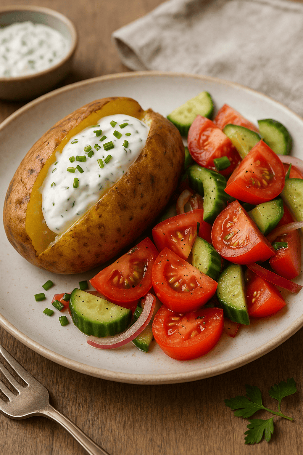 Ofenkartoffeln mit Quark und buntem Salat – ein gesunder Klassiker