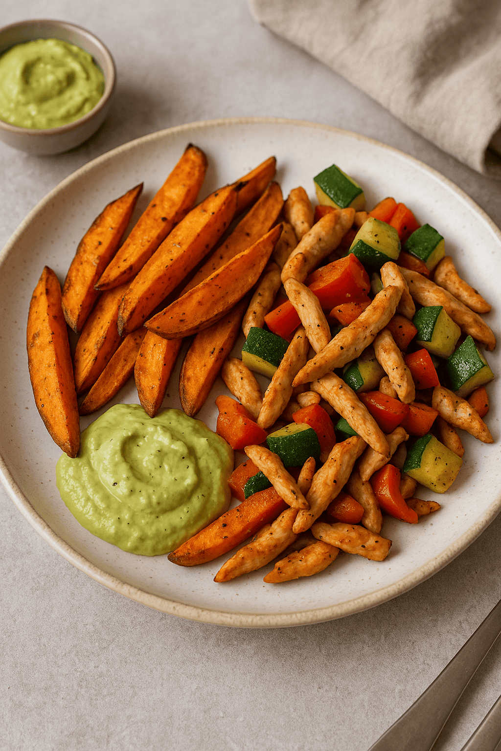 Gebratene Süßkartoffeln mit Hähnchen und Avocado-Dip