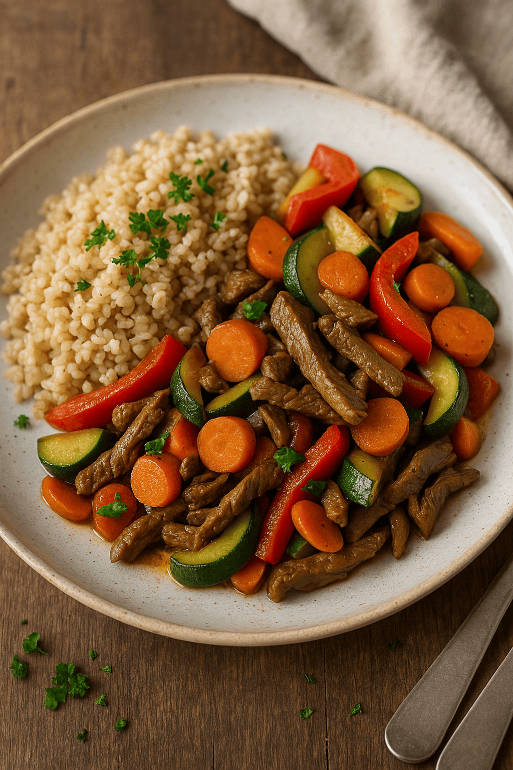 Rindergeschnetzeltes mit Vollkornreis und Gemüse