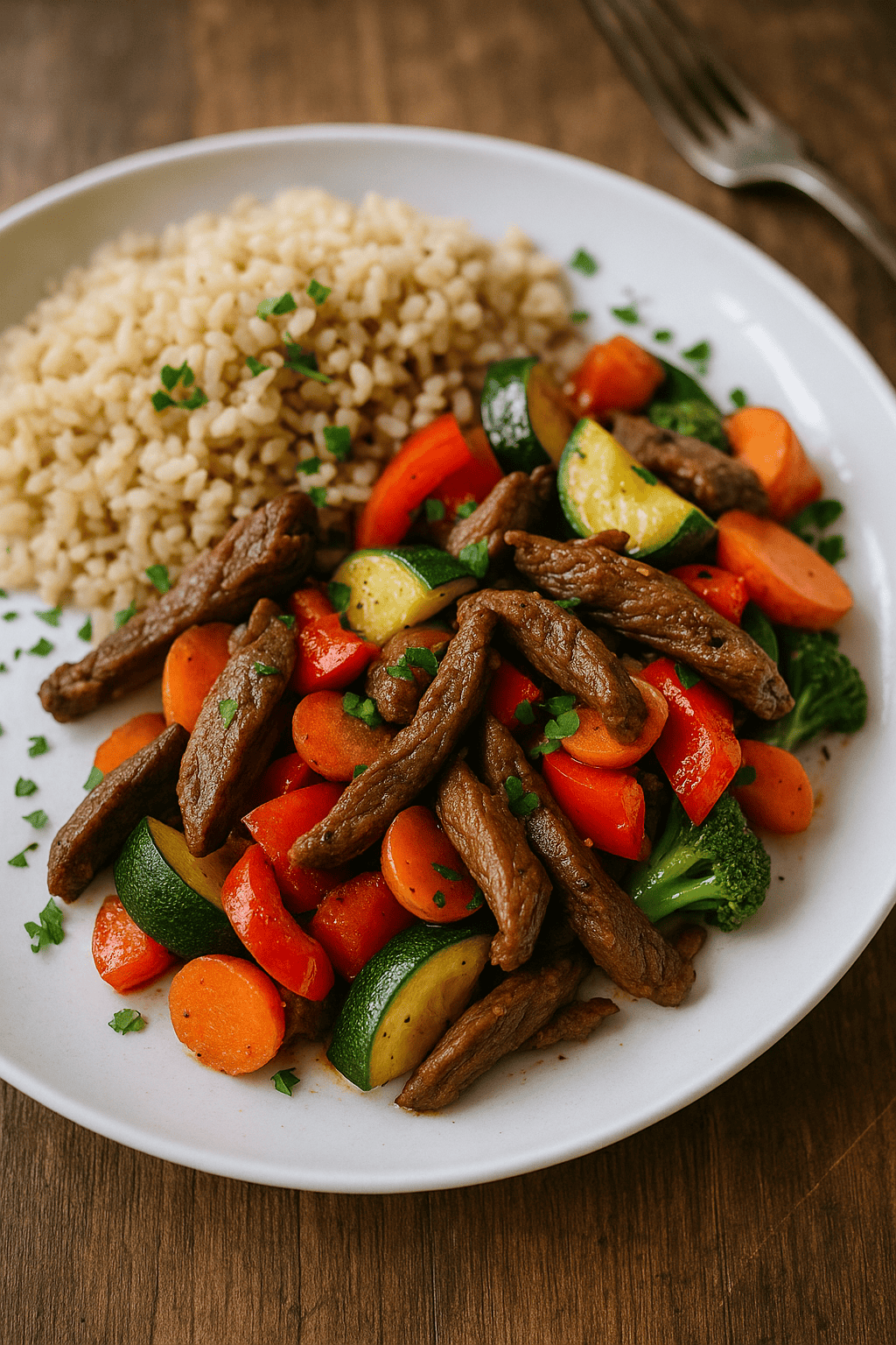 Rinderstreifen mit Paprika, Zucchini und Naturreis