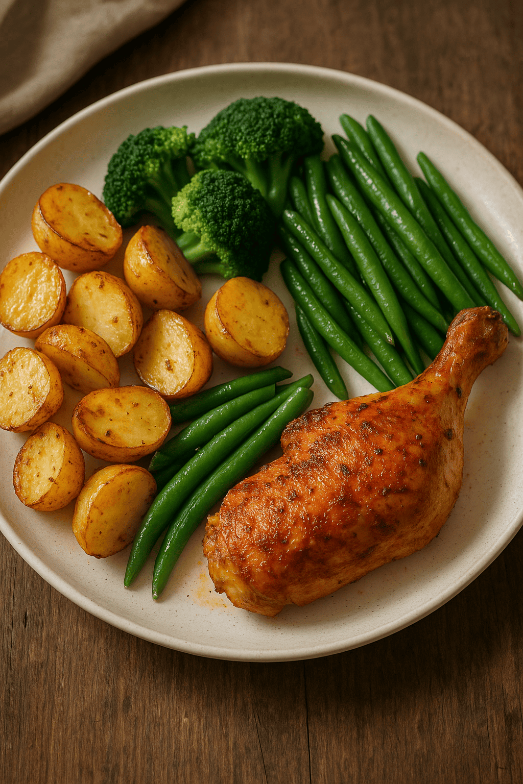 Gebackenes Hähnchen mit Kartoffeln und grünem Gemüse